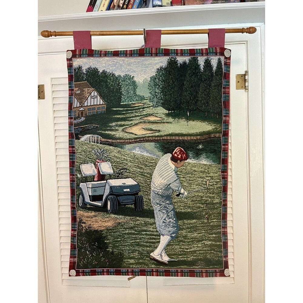Golf Wall Tapestry Hanging Decor The Tour Sports 26" W 35” H Wood Dowel VTG